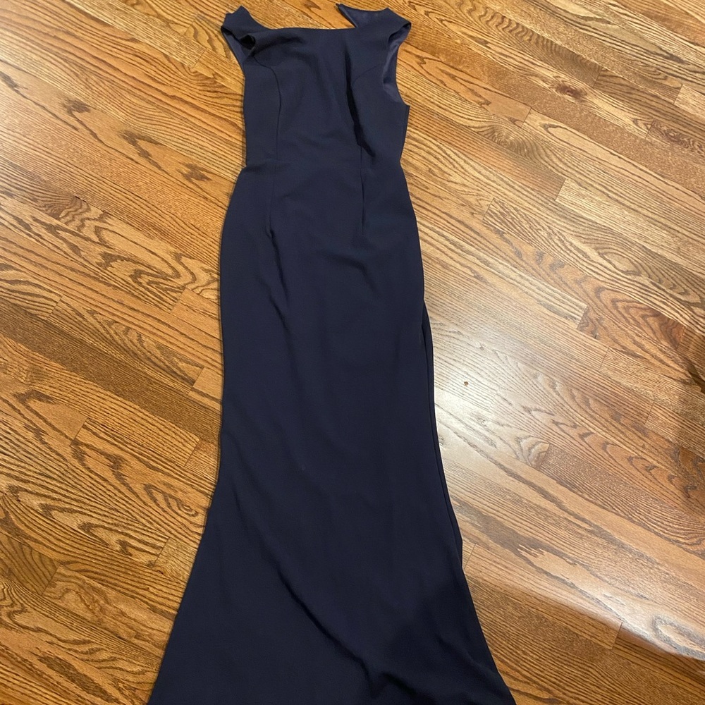 Lulu’s high neck open back floor length gown